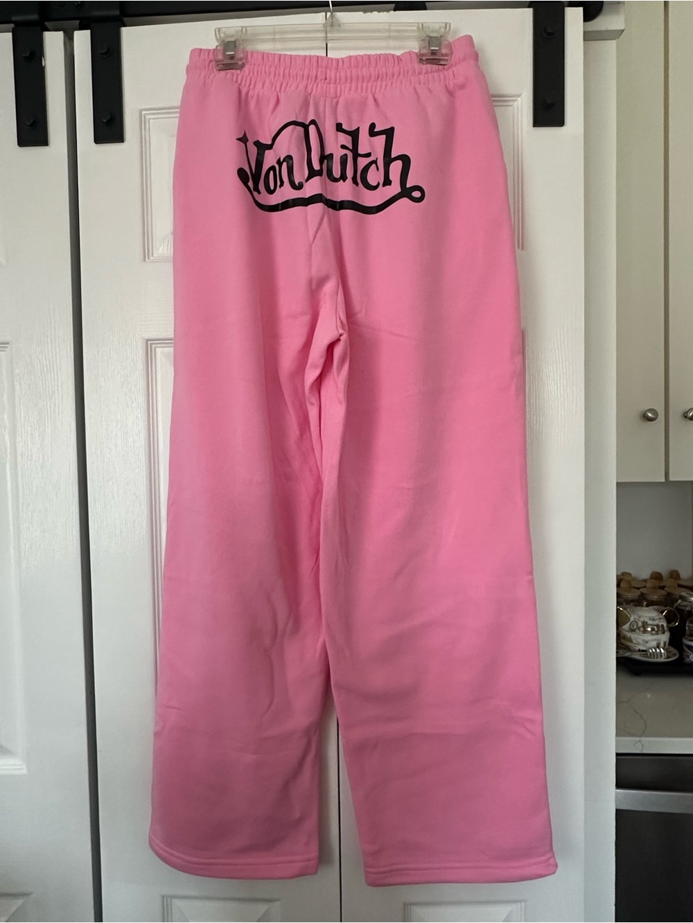 Von Dutch Pink Wide Leg Sweatpants Rhinestone Logo Size Large NWT - Picture 6 of 8